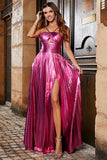 Hot Pink A-linje Spaghetti Straps Plisserad glittrande balklänning med slits