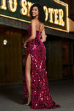 Spaghetti Straps Hot Pink Glittrande Mermaid Paljetter Lång Balklänning med slits