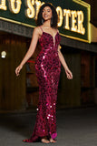 Spaghetti Straps Hot Pink Glittrande Mermaid Paljetter Lång Balklänning med slits