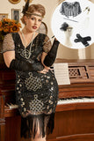 Svarta Paljetter Fransar 1920-Talets Plus Size Flapper Klänning Med 20-Tals Tillbehörsset