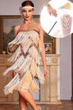 Mousserande champagne Spaghetti Remmar Paljetter Fringed 1920s klänning med tillbehör set