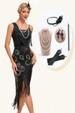 Glitter Svart Fransade Paljetter 1920-talet Gatsby Klänning med 20-tals Accessoarer