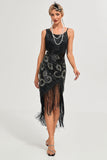 Glitter Svart Fransade Paljetter 1920-talet Gatsby Klänning med 20-tals Accessoarer