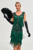 Mörkgrön Paljetter Fransar Great Gatsby Klänning med Accessoarer Set