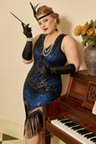 Paljett Royalblå Plus Size 20 Tals Flapper Klänning